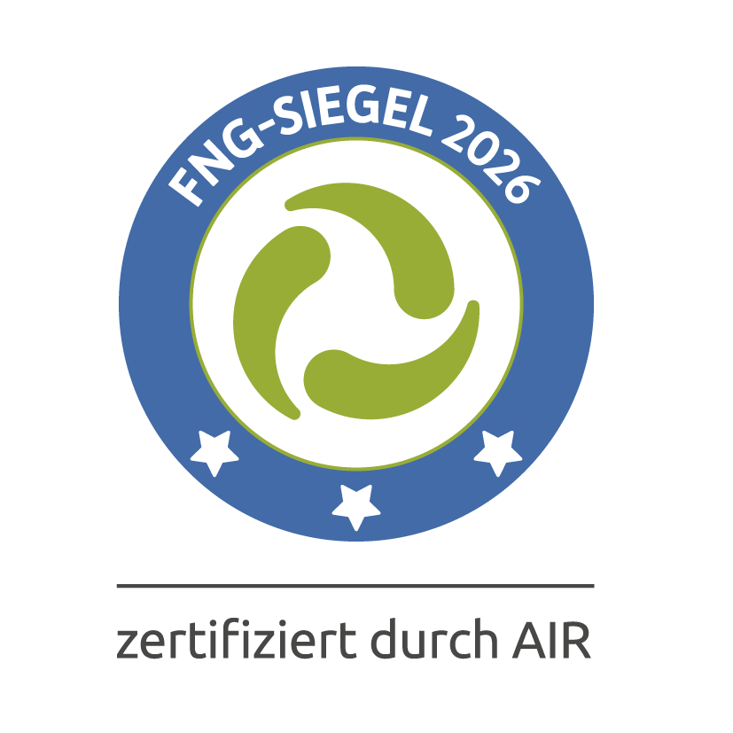 Blau-grünes FNG-Siegel 2026 mit 3 Sternen. Darunter "zertifiziert durch AIR"