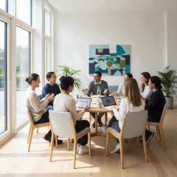 KI generiertes Bild mit Menschen an einem Tisch, die mit Laptops arbeiten und diskutieren.