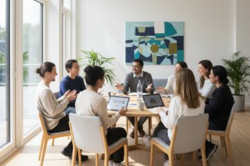 KI generiertes Bild mit Menschen an einem Tisch, die mit Laptops arbeiten und diskutieren.