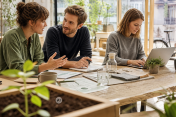 KI generiertes Bild Büro mit zwei Frauen und einem Mann, die arbeiten.