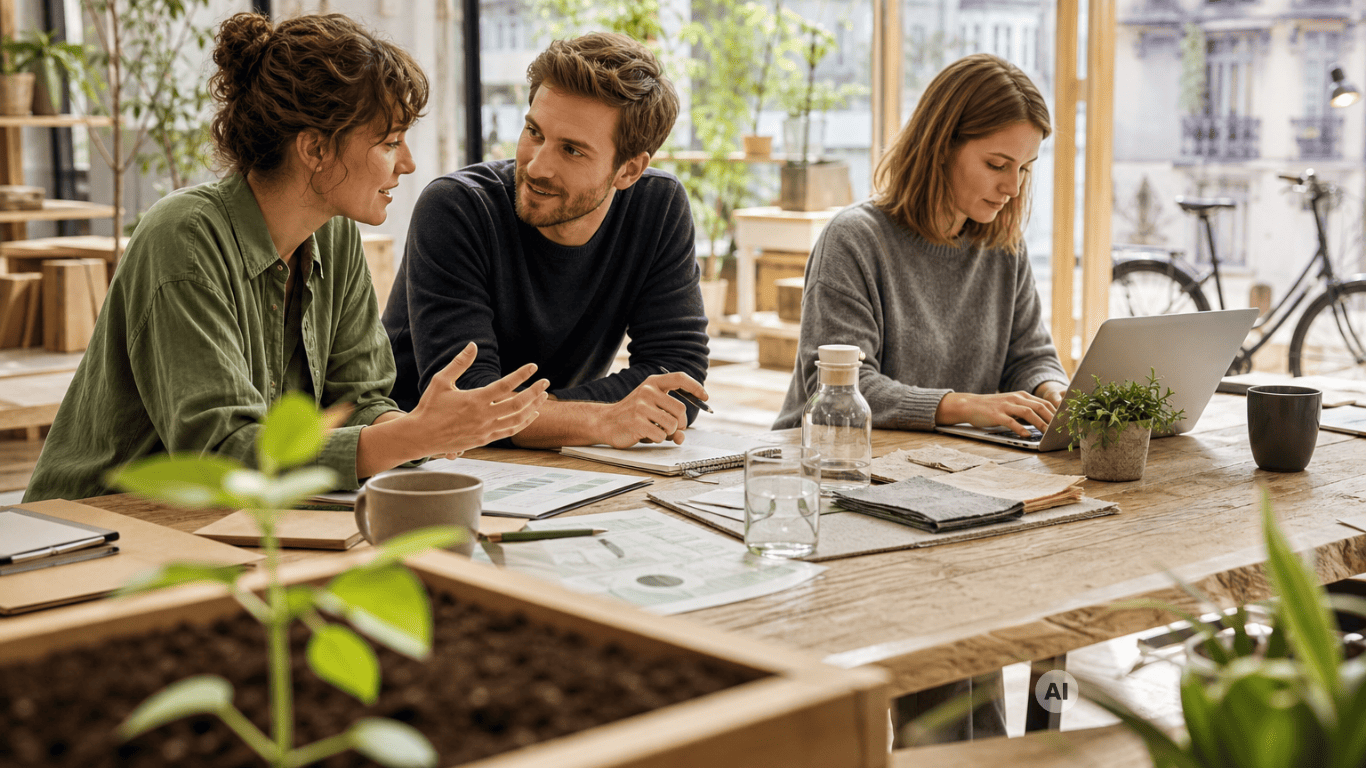 KI generiertes Bild Büro mit zwei Frauen und einem Mann, die arbeiten.